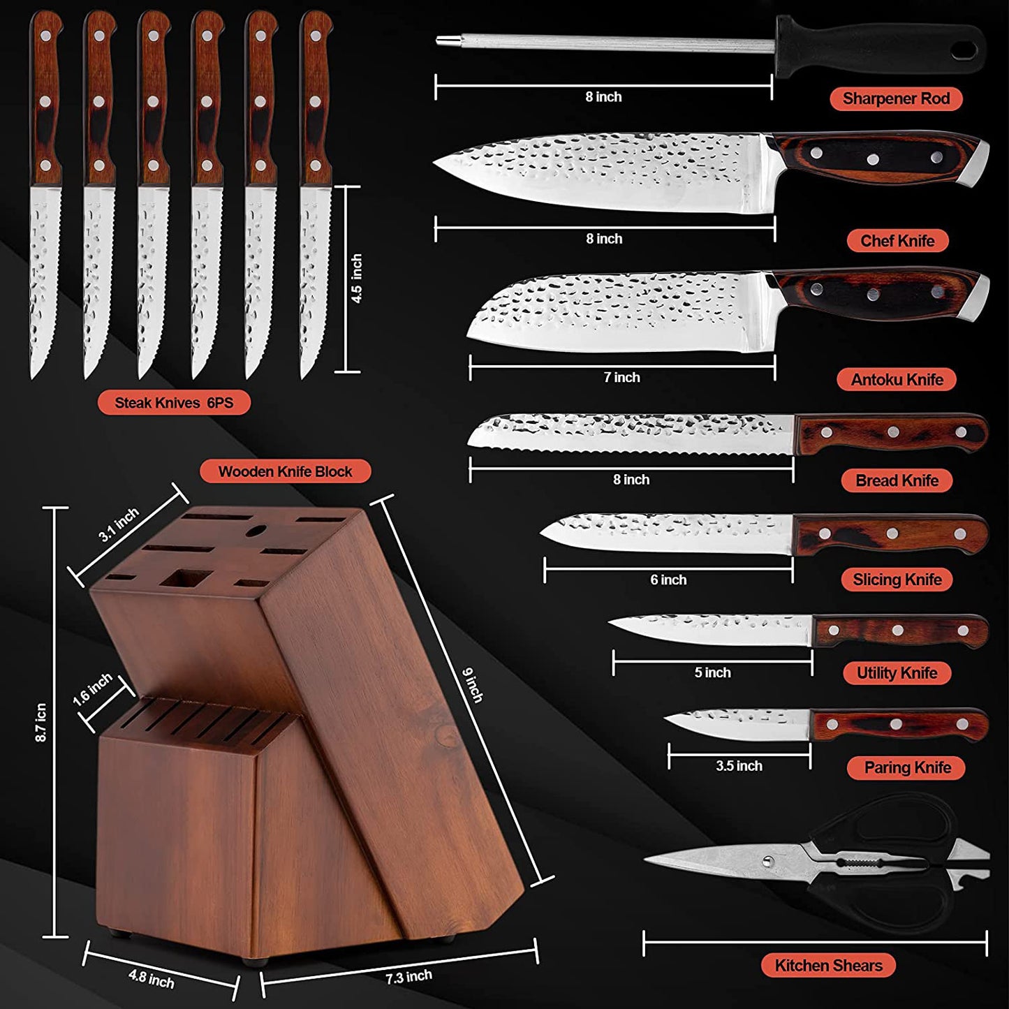 KnifeMasterz™ | Hammer Forged Quality Knives - Set of 15 | Knife Sets